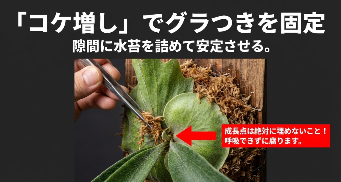 コケ増しでグラつきを固定し、成長点を絶対に埋めないよう警告するスライド画像