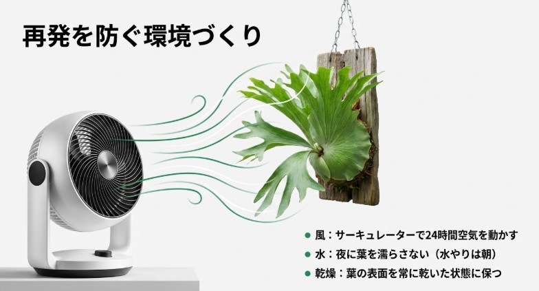 サーキュレーターによる通気確保と、夜間の葉濡れを防ぐ水やり管理の重要性を示したイラスト。