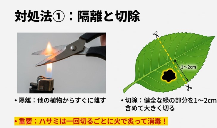 ビカクシダの病変部を1〜2cmのマージンを取って切除する位置と、ライターでハサミを消毒している様子。