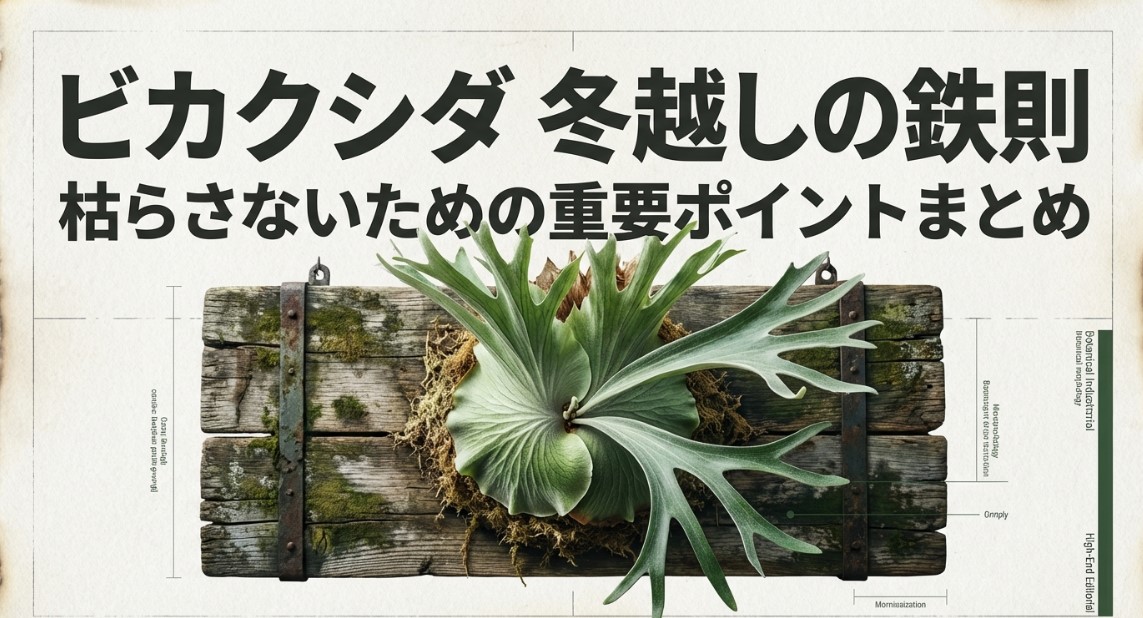 ビカクシダの冬越しに向けた耐寒性、水やり、管理方法を解説するスライドの表紙。