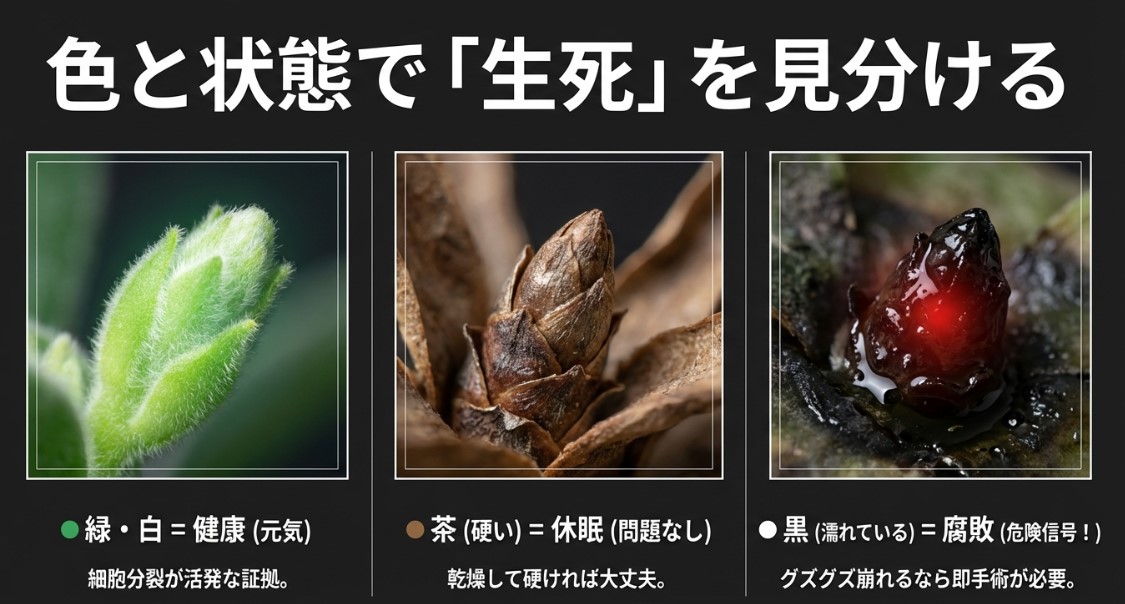 成長点の色（緑・白・茶・黒）による健康状態と腐敗の診断基準