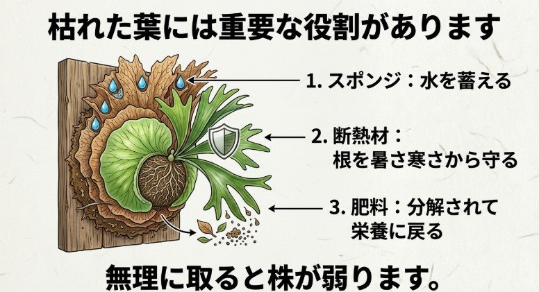 ビカクシダの枯れた葉はスポンジ、断熱材、肥料としての役割があることを説明するイラスト。