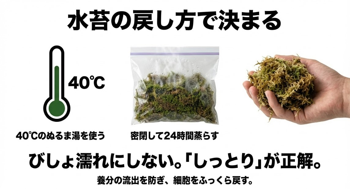 40℃のぬるま湯と密閉容器を使った水苔の正しい戻し方