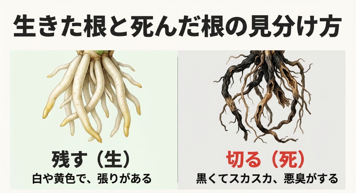 白や黄色で張りのある生きた根と、黒くてスカスカに傷んだ死んだ根の視覚的な違いの比較