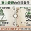 植物育成LEDライトでの補光、サーキュレーターによる空気循環、窓際の冷気対策を図解したスライド。