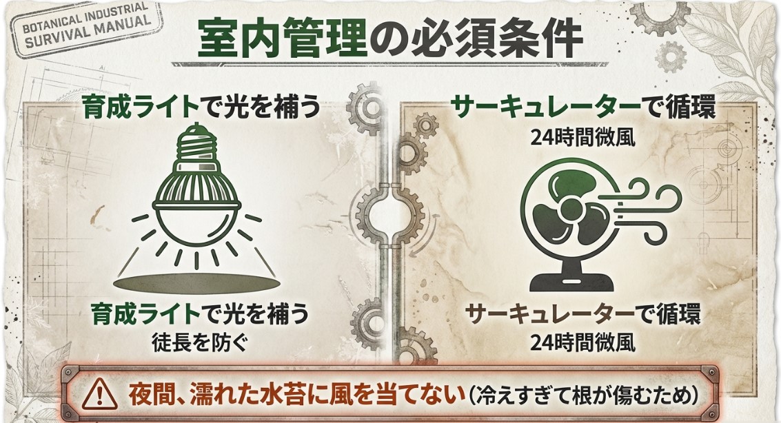 植物育成LEDライトでの補光、サーキュレーターによる空気循環、窓際の冷気対策を図解したスライド。