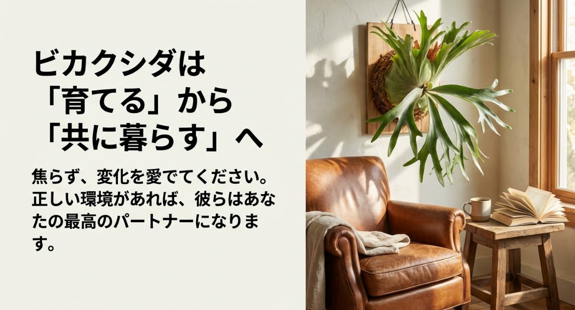 インテリアとしてリビングに飾られた美しく成長したビカクシダ