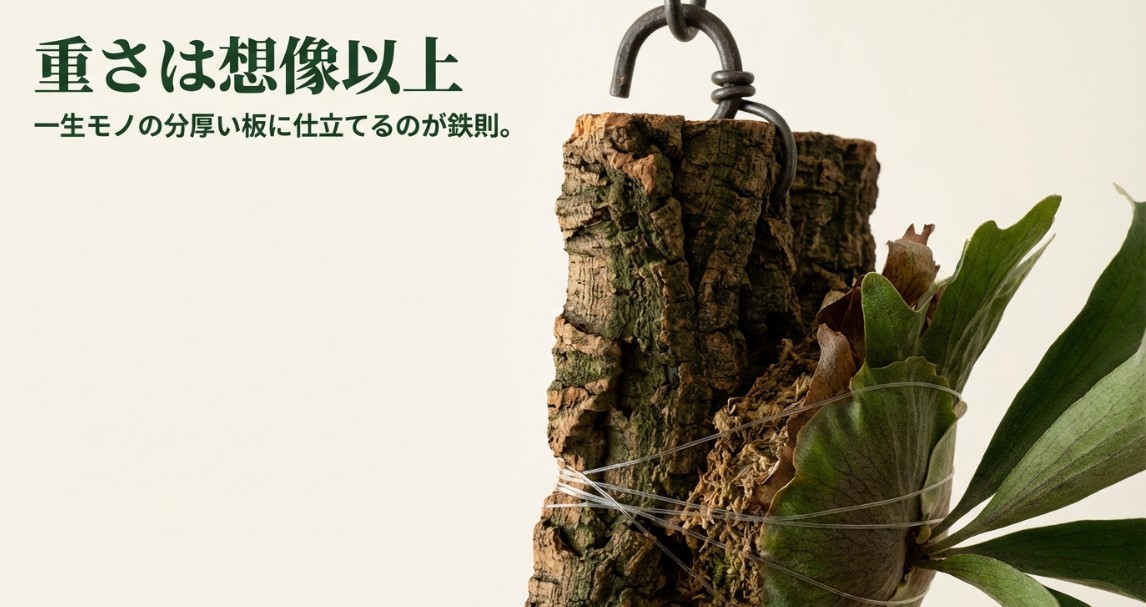 コルク材にしっかりと糸で固定されたビカクシダの様子