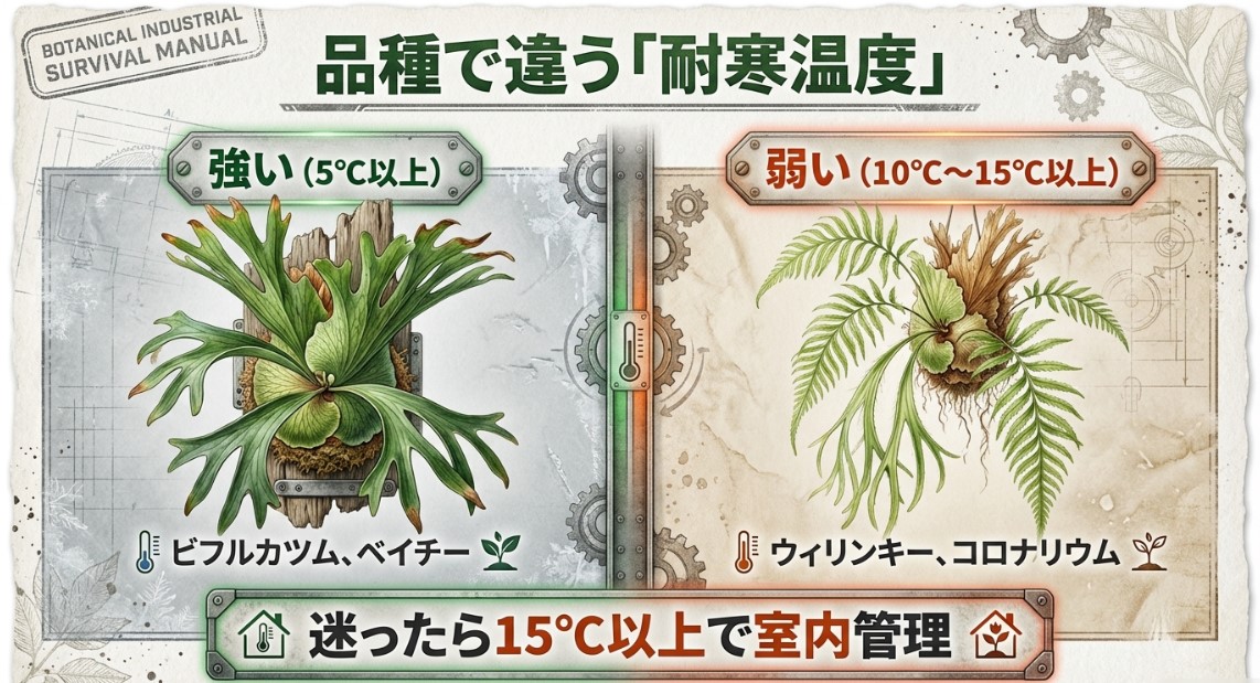 ビフルカツム（5℃〜）、ウィリンキー（10℃〜）、コロナリウム（15℃〜）など、品種ごとの耐寒温度目安を比較したスライド。