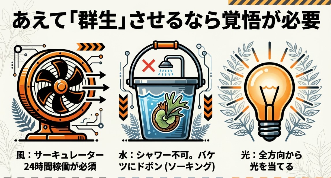 ビカクシダ群生株の管理方法。24時間稼働のサーキュレーターによる送風と、バケツへのドボン（ソーキング）による水やりのイラスト