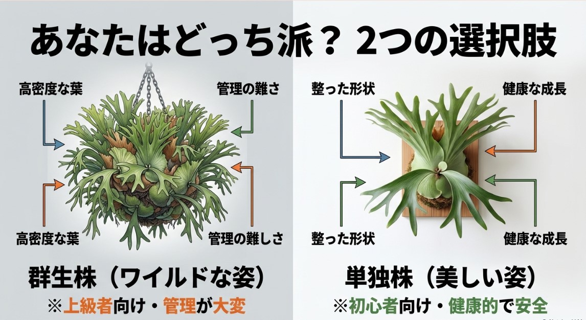 ビカクシダの群生株（高密度・管理難）と単独株（整った形状・健康的）のそれぞれの特徴と選択肢を示す比較図