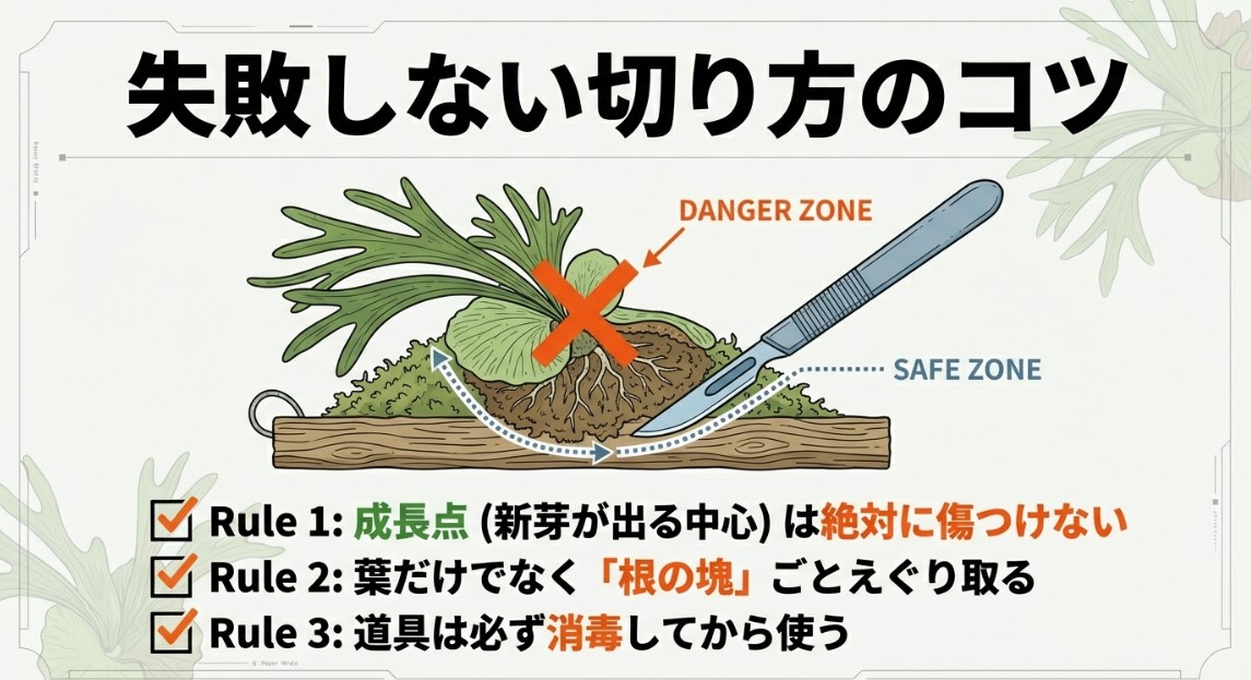 ビカクシダの子株を切り離す際のナイフを入れる位置。成長点（デンジャーゾーン）を避け、根塊ごとえぐり取るセーフゾーンを示した図解