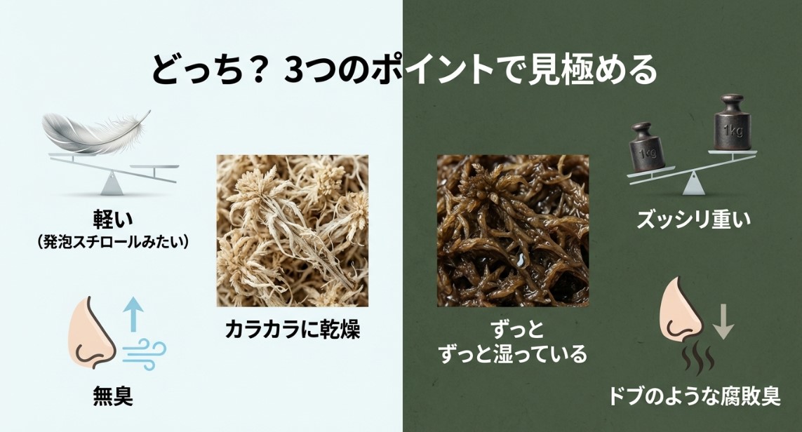 重さ、水苔の乾き具合、匂いの3つのポイントで水不足か根腐れかを見極める方法を示すスライド画像