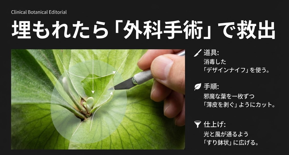 デザインナイフを用いて埋もれた成長点を救出する外科的手順の解説