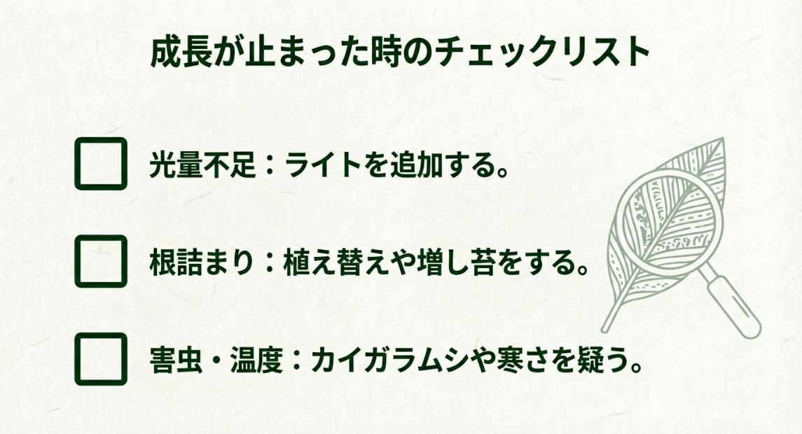 ビカクシダの成長が止まった時に確認すべき光量不足・根詰まり・害虫のチェックリスト