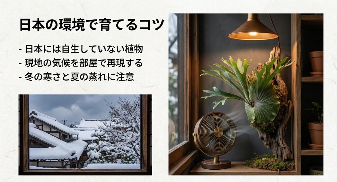 日本の環境で育てるコツ 窓の外の雪景色と、室内でサーキュレーターの風を受けるビカクシダの様子