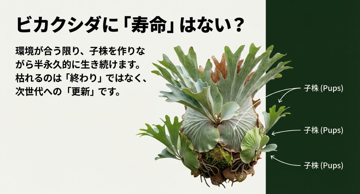 ビカクシダに寿命はなく子株（Pups）によって世代交代し生き続ける仕組み