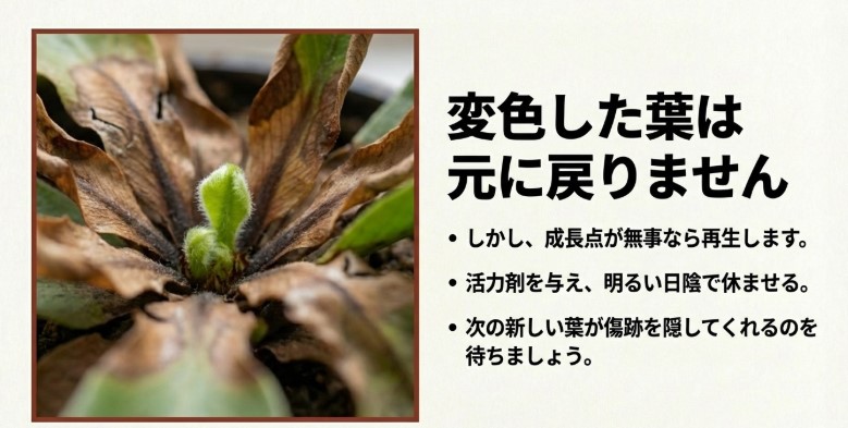 周囲の葉が茶色く枯れていても、中央の成長点が緑色で元気であれば再生可能であることを示す写真。