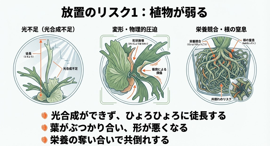 ビカクシダの徒長（光不足でひょろひょろになる）、葉の形状崩壊、根の窒息と栄養競合を示す図解イラスト