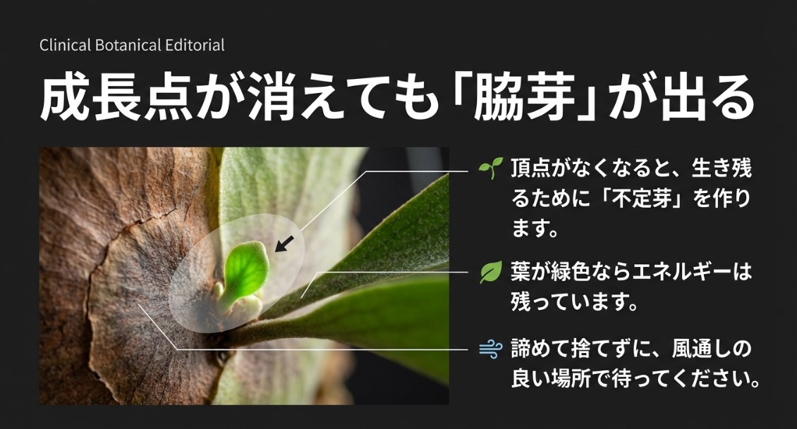 頂芽がなくなっても不定芽（脇芽）から再生するビカクシダの生存戦略