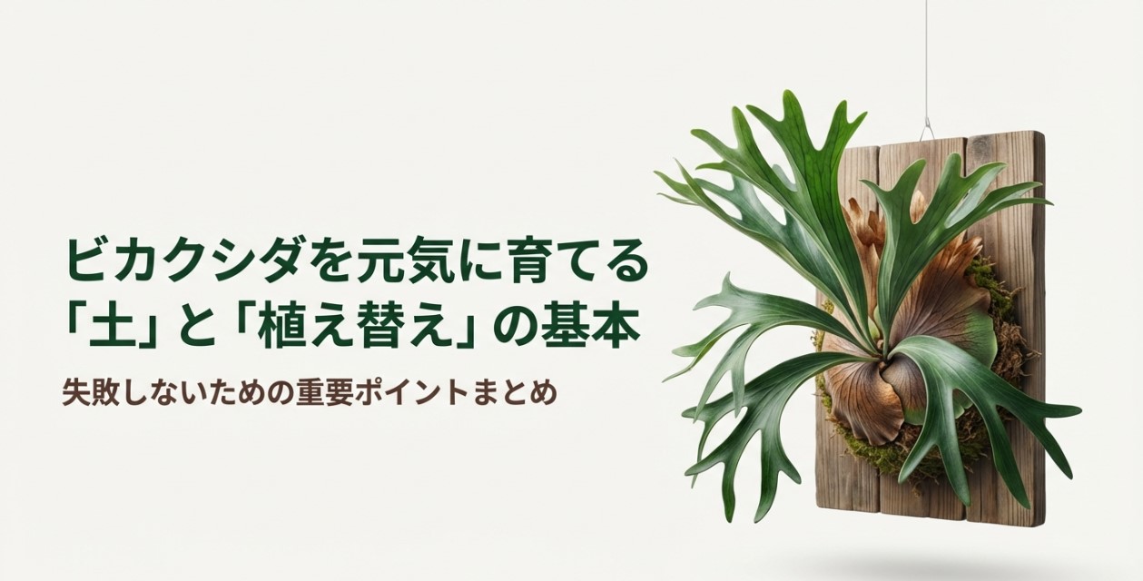 ビカクシダを元気に育てるための土選びと植え替えの基本ガイド。板付けされたビカクシダとタイトルのアイキャッチ画像