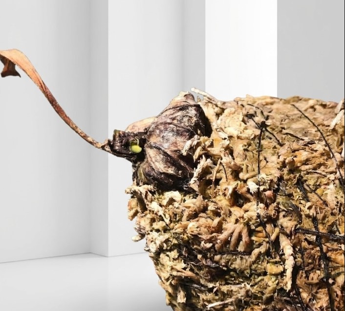 水苔の苔玉から顔を出すビカクシダ・リドレイの緑色の新芽の拡大写真