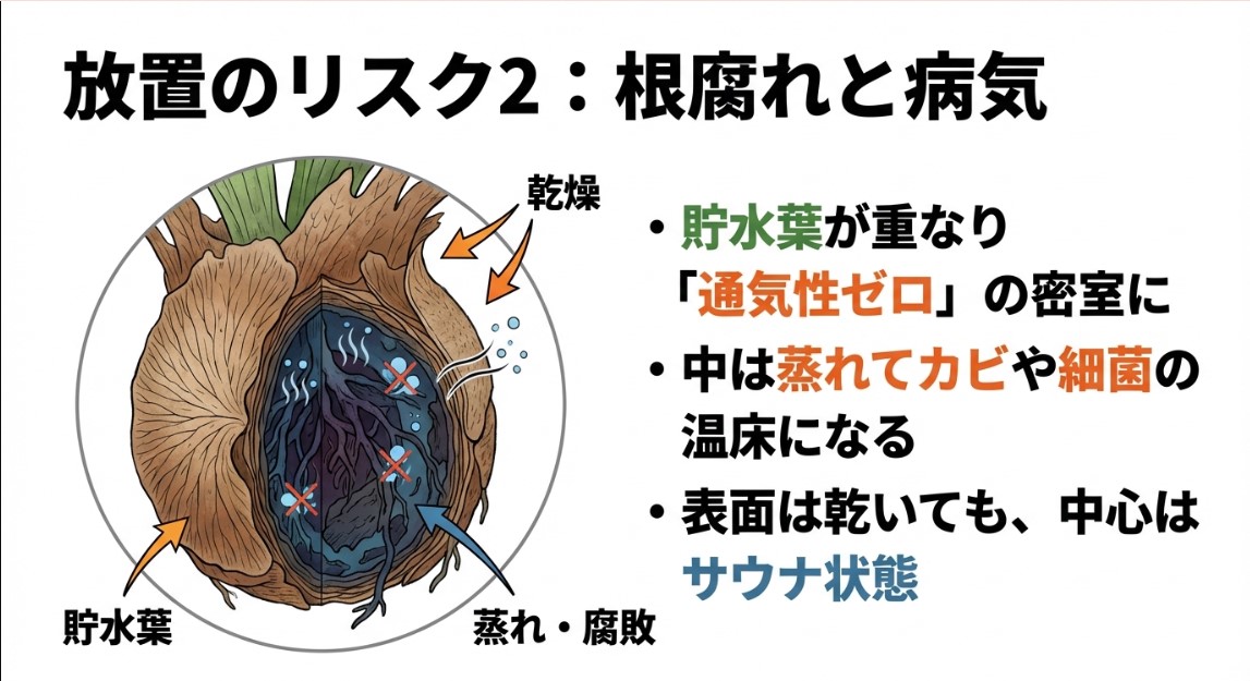 ビカクシダ群生株の断面図イラスト。表面は乾燥していても内部は通気性ゼロで蒸れや腐敗が進んでいる様子。