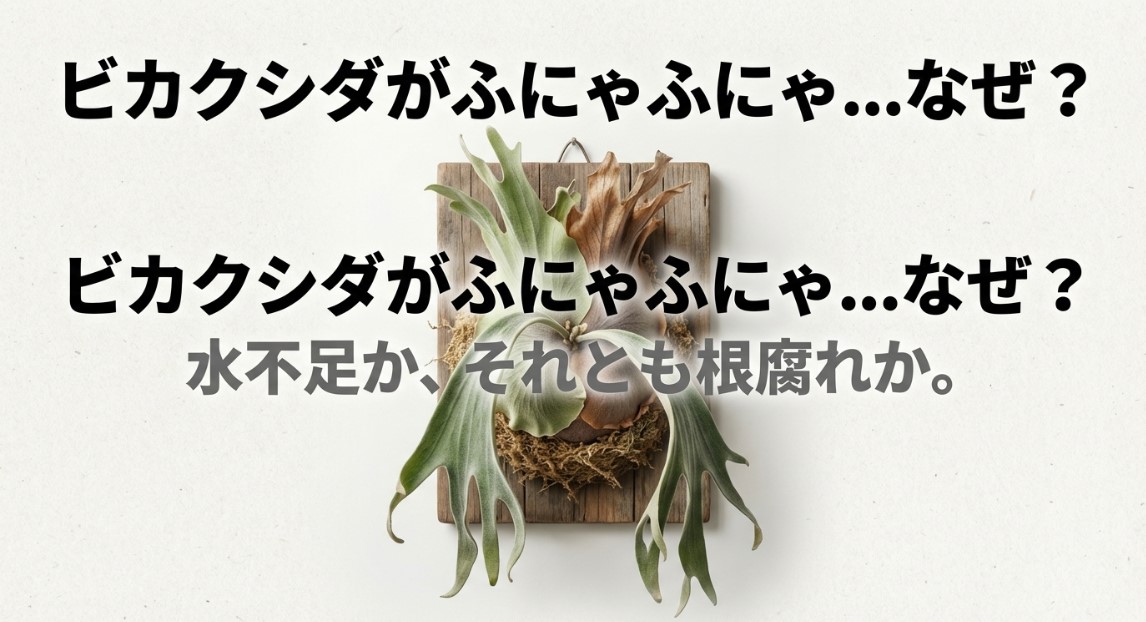 ビカクシダの葉がふにゃふにゃになる原因は水不足か、それとも根腐れかを問うスライド画像