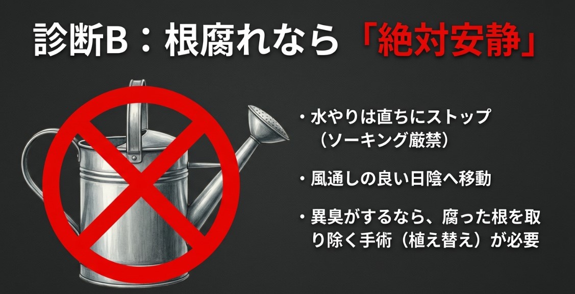 根腐れの場合は水やりを直ちにストップし風通しの良い日陰へ移動させる絶対安静を促すスライド画像