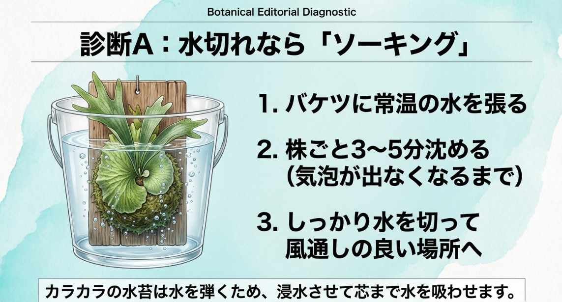 水切れの場合はバケツに常温の水を張り株ごと3〜5分沈めるソーキングを行うよう指示するスライド画像