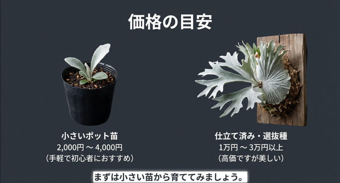 小さいポット苗は2,000円〜4,000円、仕立て済みは1万円〜3万円以上という価格の目安