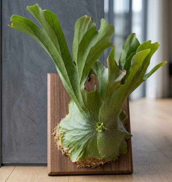 木製の板に美しく着生して上向きの胞子葉を広げるビカクシダ