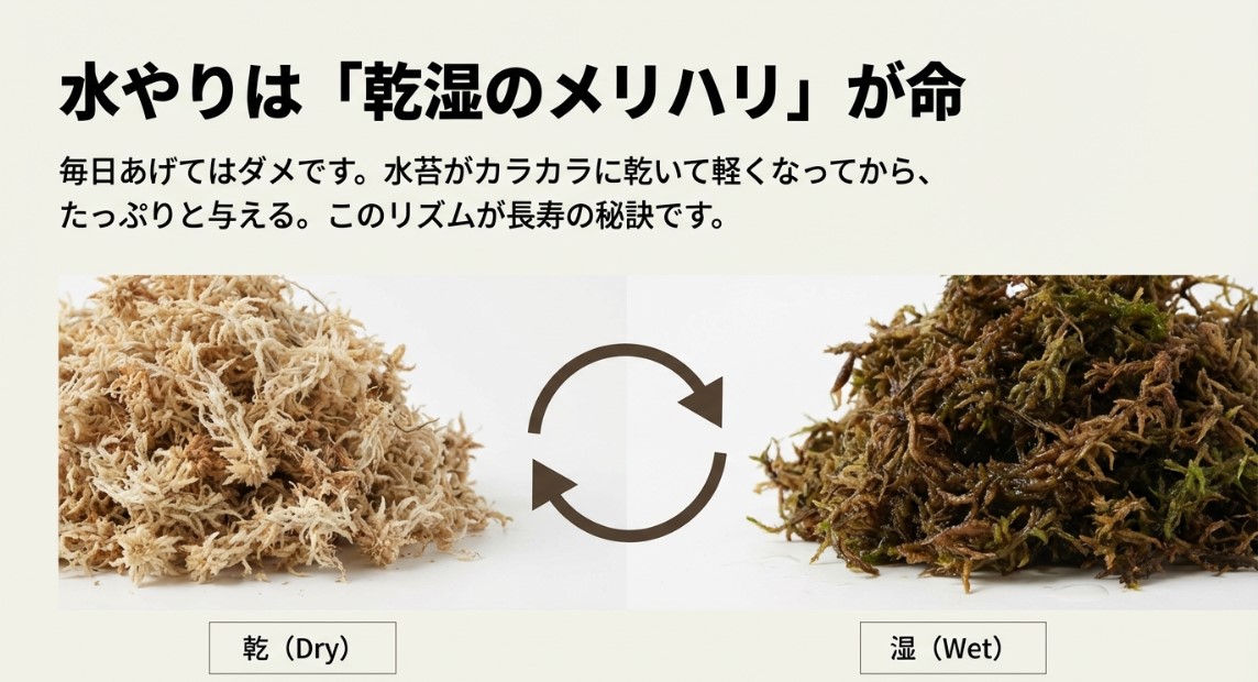 水苔が乾燥した状態と濡れた状態を繰り返す水やりのサイクル