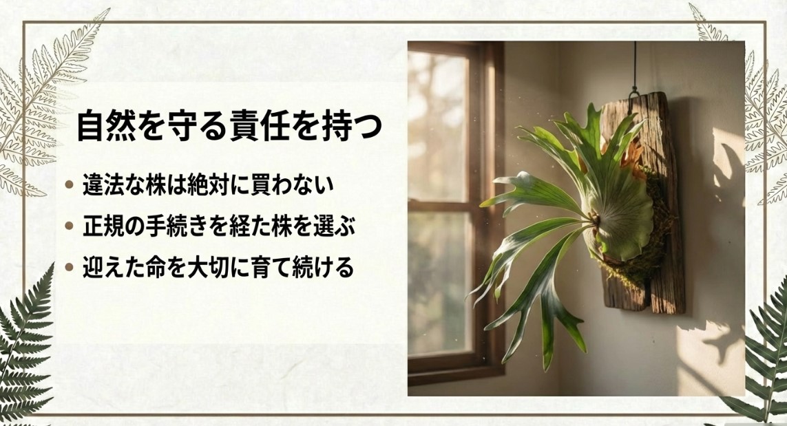 自然を守る責任を持つ ビカクシダ野生株の保護と、自然を守る責任について記載されたスライド