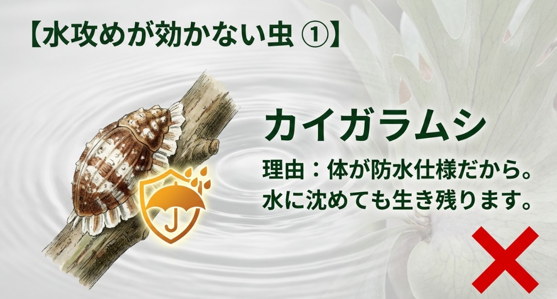 カイガラムシに水攻めが効かない理由(体が防水仕様で水を弾くため)