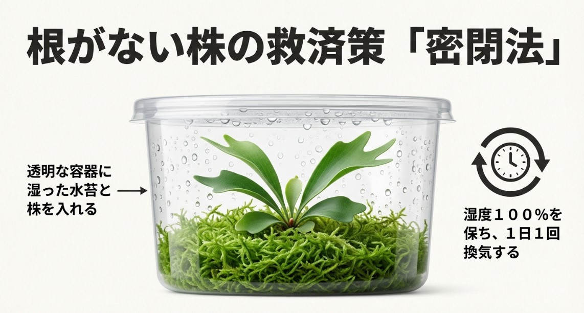透明な容器に湿らせた水苔と根がないビカクシダを入れ、高湿度を保って発根を促す密閉法の図解