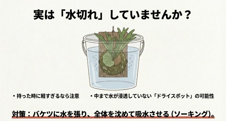 板付けされたビカクシダをバケツの水に沈めて吸水させている（ソーキング）イラスト。