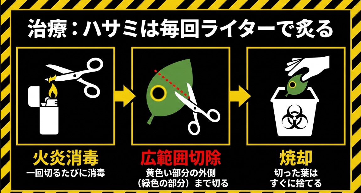 褐斑細菌病の感染拡大を防ぐハサミの火炎消毒と剪定範囲