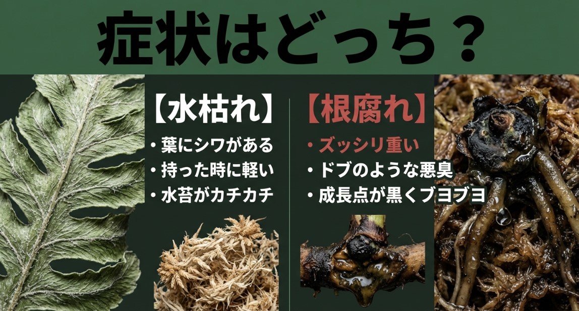 水枯れと根腐れの特徴とそれぞれのサインを視覚的に比較したスライド画像