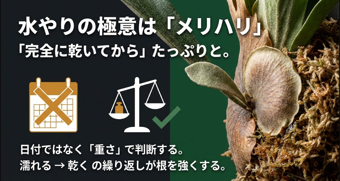 水やりは日付ではなく重さで判断し、メリハリをつけることを説明するスライド画像