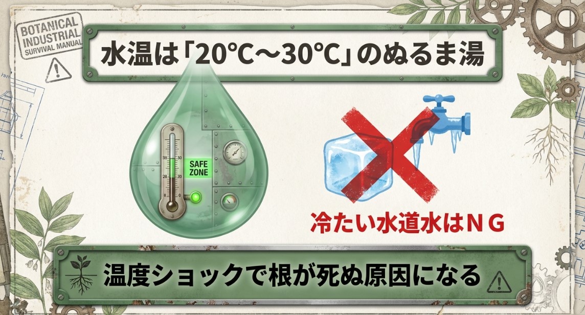 冷たい水道水（5℃）が根にダメージを与える熱ショックの図解と、適切なぬるま湯（20〜30℃）の使用を推奨するスライド。