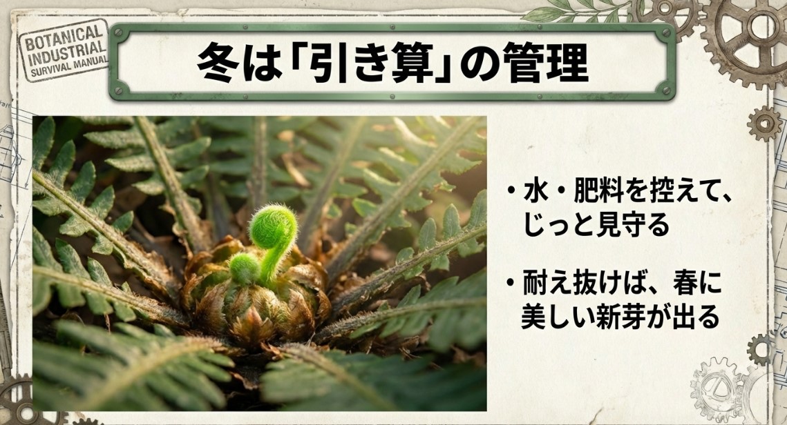 冬の休眠期に肥料を与えてはいけない理由（肥料焼け）と、植え替えを控えるべきことを説明したスライド。