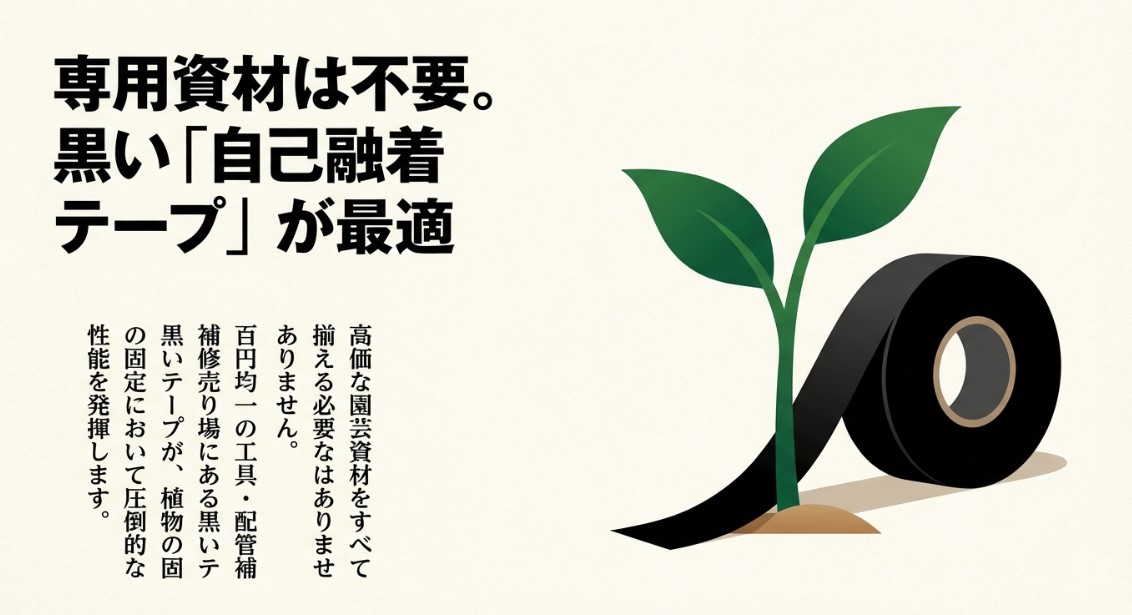 高価な園芸資材の代わりに100均の配管補修用黒テープが植物の固定に最適である解説