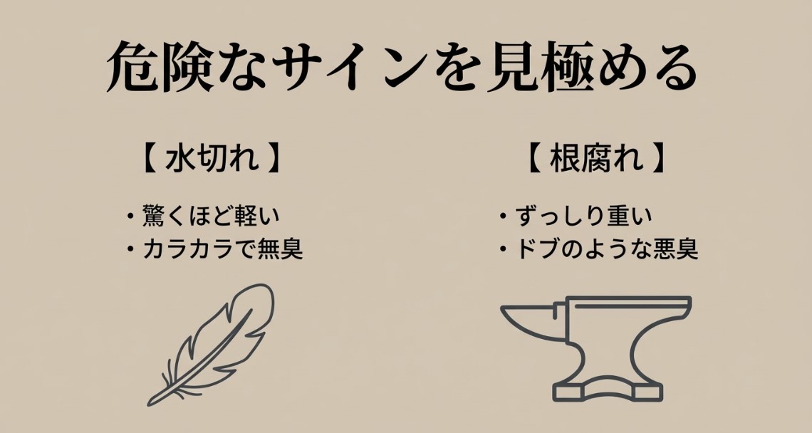 危険なサインを見極める。水切れは驚くほど軽い、カラカラで無臭。根腐れはずっしり重い、ドブのような悪臭と書かれたスライド