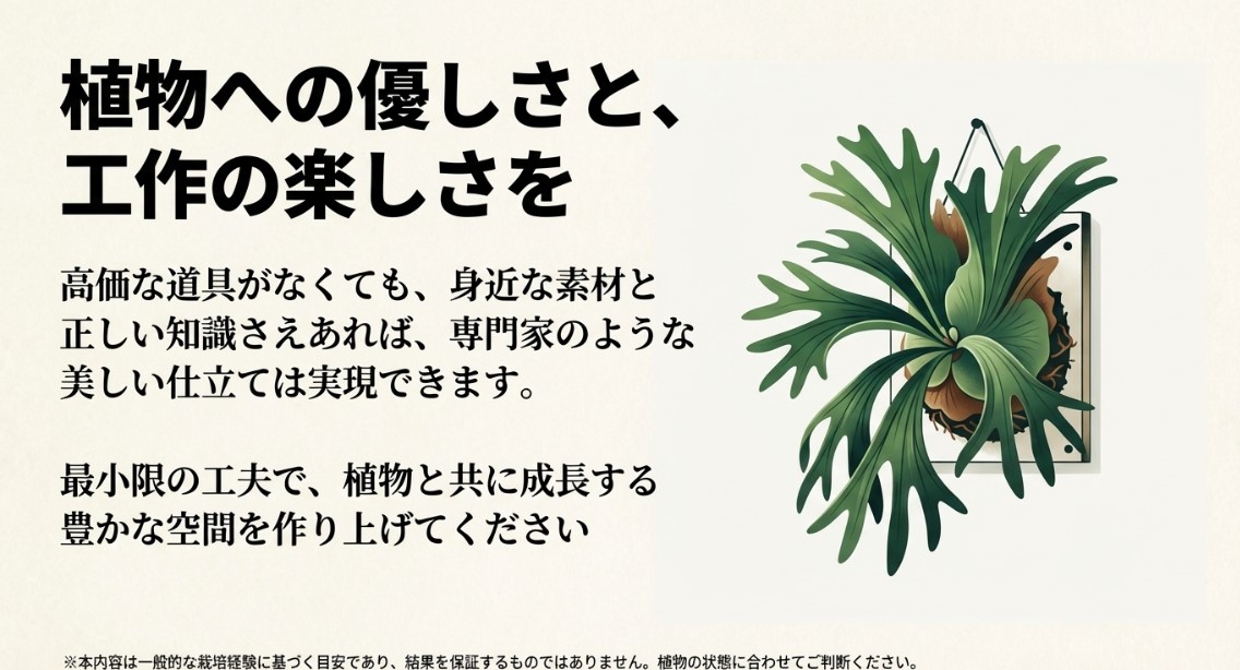 最小限の工夫と身近な素材で美しく板付けされたビカクシダの完成イメージ図