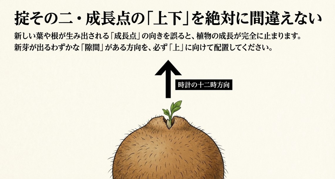 新芽が出るわずかな隙間（成長点）を時計の12時方向（上）に向けて配置する図解