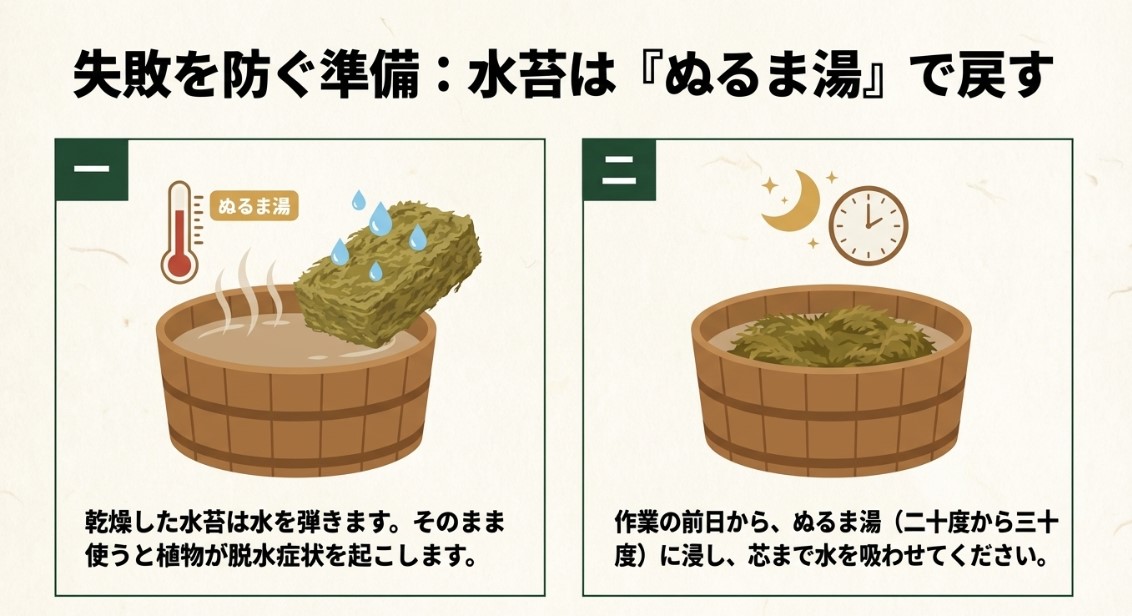 乾燥した水苔が水を弾く様子と、作業の前日から20度から30度のぬるま湯に浸して芯まで水を吸わせる手順のイラスト