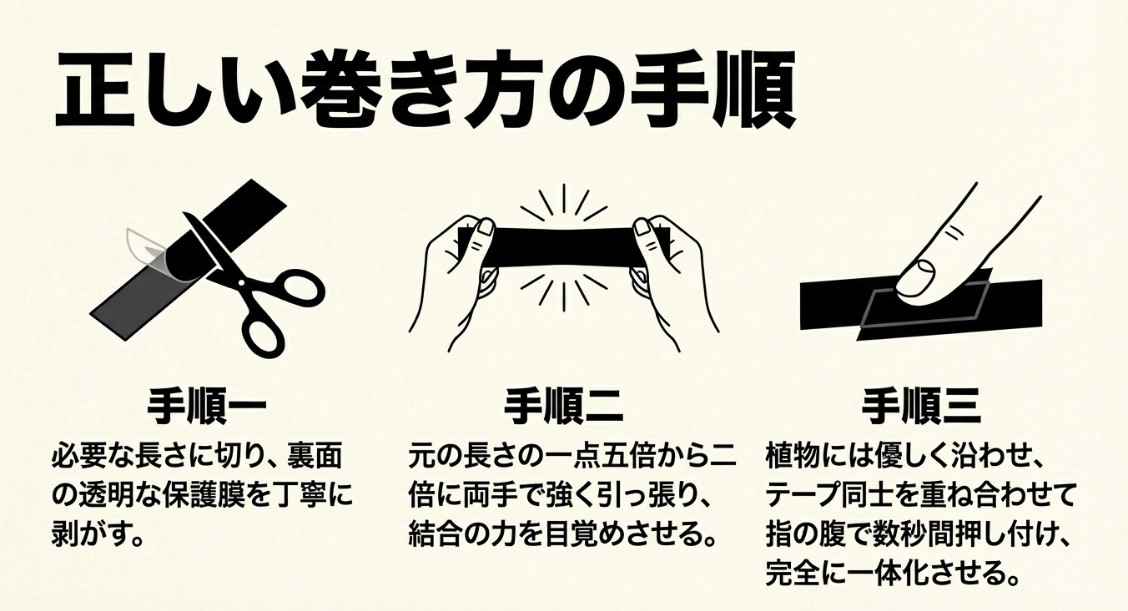テープを切り、1.5〜2倍に強く引っ張ってから指で押し付けて結合させる自己融着テープの正しい使い方