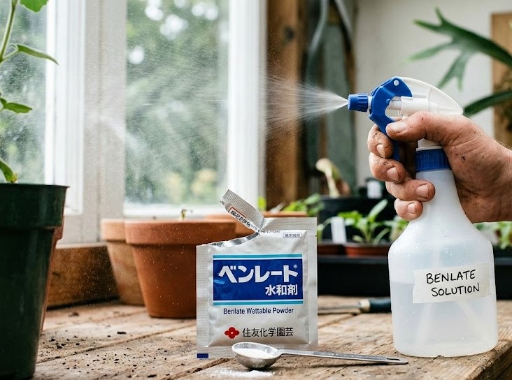 住友化学園芸のベンレート水和剤を霧吹きでビカクシダに散布して殺菌治療を行う準備写真