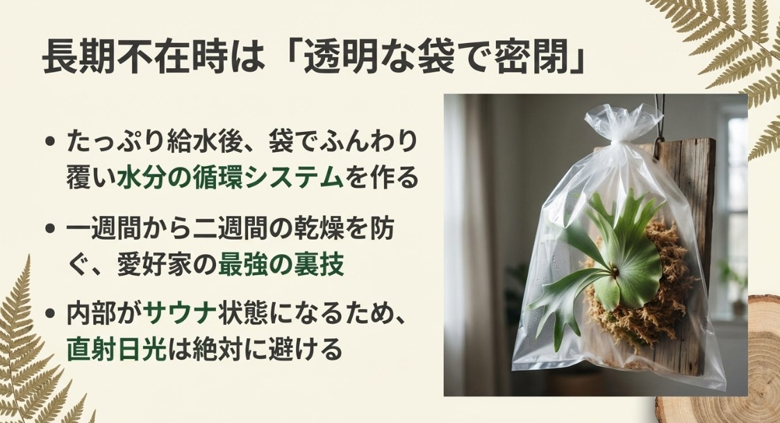 透明な袋で密閉された板付ビカクシダのイラスト